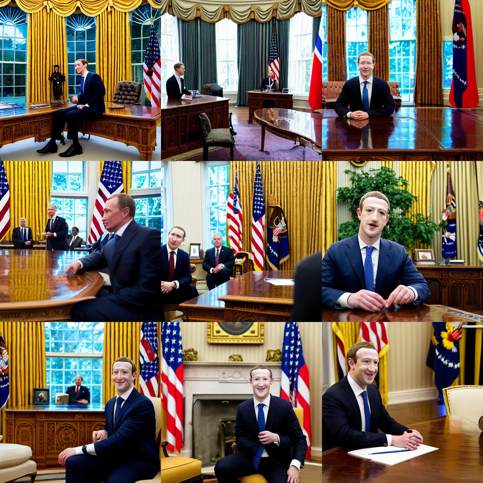 Prompt: headshot of Mark Zuckerberg the president of the united states meeting with Vladmir putin in the oval office, EOS-1D, f/1.4, ISO 200, 1/160s, 8K, RAW, unedited, symmetrical balance, in-frame, Photoshop, Nvidia, Topaz AI