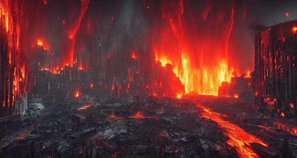 Image similar to for lava-tornadoes destroy a cyberpunk medieval gothic dark-ages city, rich contrast, feeling of grimdark and gothic horror, explosions and fire, hyperrealistic, octane render, unreal engine, Cryengine 8k UHD