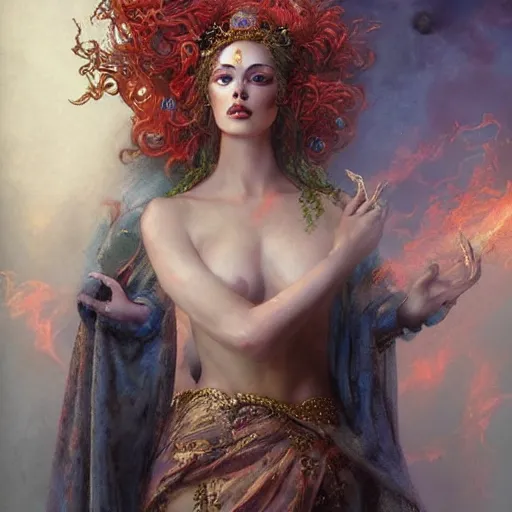 Image similar to epic masterpiece full body portrait a beautiful Persephone, queen of the underworld, with a beautiful face and flawless skin, cheeks wet with tears, in Hades, flames and smoke in background, raining ashes, by Edgar Maxence and Ross Tran and Michael Whelan