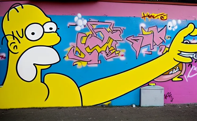 Image similar to a real life cartoon character homer simpson covered with graffiti by henry chalfant