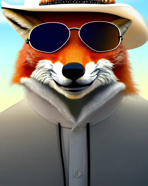 Prompt: highly detailed digital art portrait of anthropomorphic fox animal wearing a white suit, white cowboy hat, and reflective sunglasses, smoking cigar, fox animal, golf course in background, reflective aviator sunglasses, highly detailed digital art, trending on art station