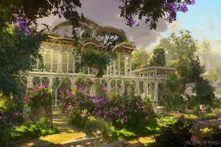Prompt: weed greenhouse, rococo style, greek architecture, green marble building, marijuana trees, multicolored weed leaves, dynamic lighting, landscape, artwork by jeremy lipkin and giuseppe dangelico pino and michael garmash and rob rey and greg manchess and huang guangjian and makoto shinkai, pixiv, 1 0 0 mm