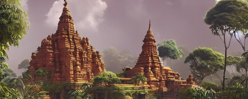 Prompt: a beautiful detailed architecture matte painting of ancient hindu temple with infrastructure in the middle of tropical jungle cinematic landscape by ghibli, by greg tocchini, by james gilleard, by joe gb fenton, by kaethe butcher, dynamic lighting, vibrant, clean, grunge aesthetic, octane render, artstation