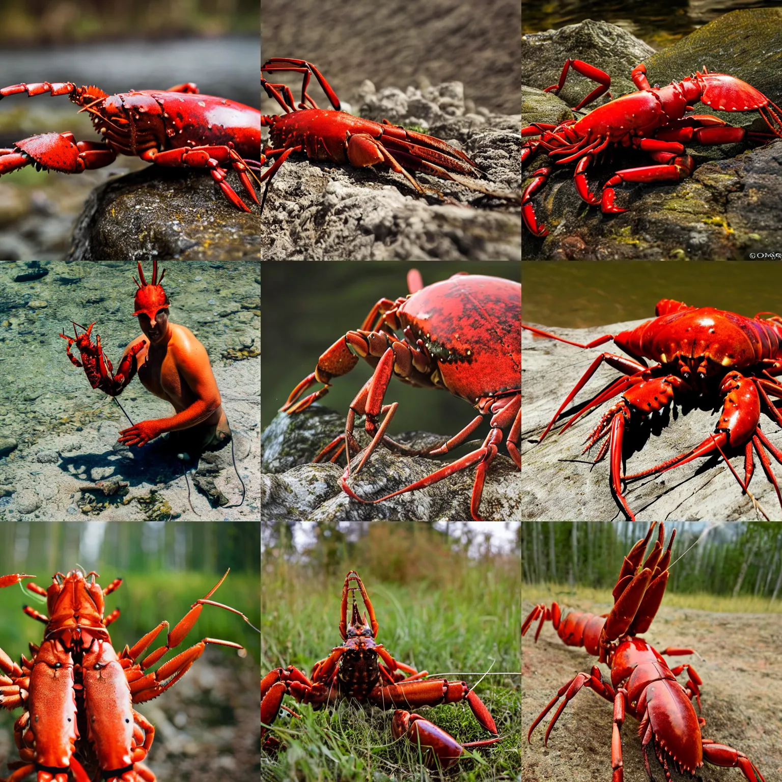 Prompt: a lobster-human-lobster, wildlife photography