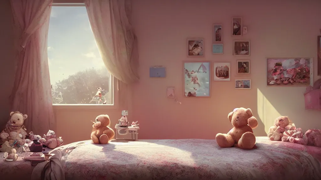 Prompt: a Photorealistic hyperrealistic render of an interior of a beautifully decorated spoiled child's beautiful bedroom, Close up low angle view of a vintage wind up toy robot on the floor with a giant teddy bear sitting on the bed by PIXAR,Greg Rutkowski,WLOP,Artgerm,dramatic moody sunset lighting,long shadows,Volumetric, cinematic atmosphere, Octane Render,Artstation,8k