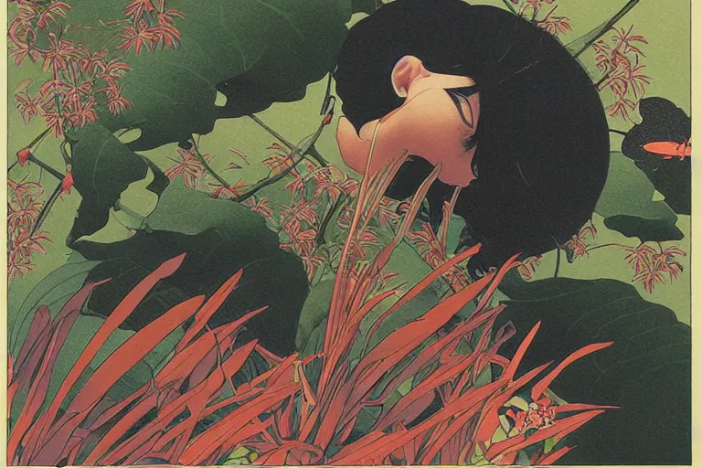 Image similar to gigantic mechanical dragonfly head human faces catch tiny frogs, a lot of exotic flowers around, human tears everywhere, risograph by kawase hasui, dirtyrobot, edward hopper, satoshi kon and moebius, colorful flat surreal design, super - detailed, a lot of tiny details, fullshot, grainy