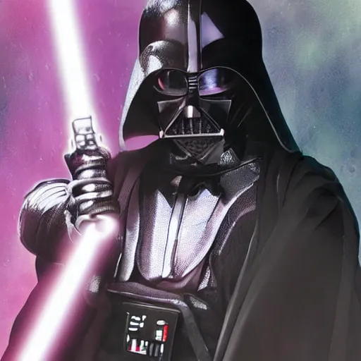 Image similar to darth vader with white armor and a purple lightsaber