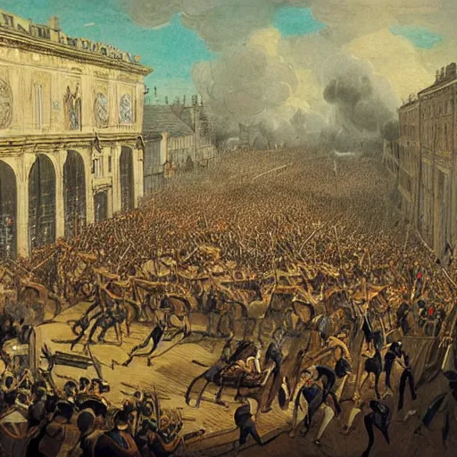 Prompt: france during the french revolution, crowds in the streets, fighting, daytime, extremely detailed, cinematic, aerial view by gilles beloeil