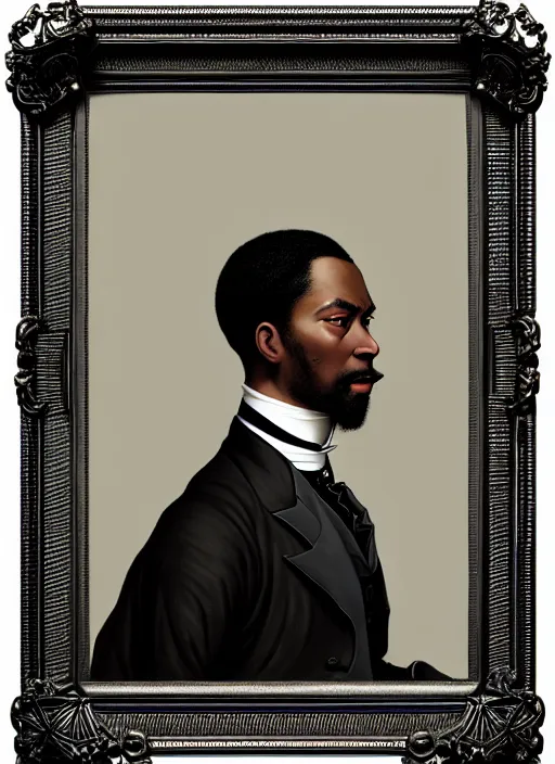 Prompt: 3 / 4 view of a portrait of a black man in victorian clothing, confident pose, intricate, elegant, sharp focus, illustration, highly detailed, concept art, matte, trending on artstation, anime, art by james jean and artgerm and brian despain and alberto mielgo, greg rutkowski, wlop, ilya kuvshinov, strong strokes