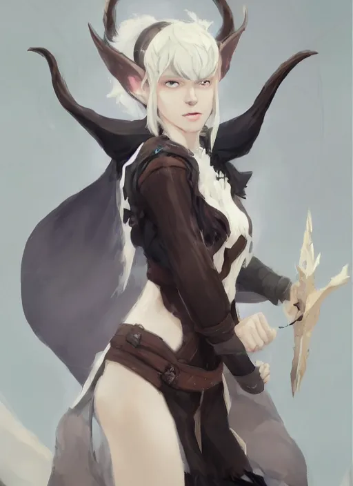 Image similar to concept art painting of a feminine person with brown skin and short white hair, demon horns, elf ears, full clothing, black clothes, blue robes, detailed, cel shaded, in the style of ruan jia and artgerm and makoto shinkai and james gurney