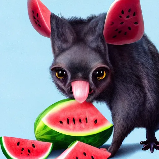 Image similar to cute kawaii realistic fruit bat eats a watermelon piece, digital art, high quality, illustration, art, detailed, 3 d render, by sydney hanson, sticker,