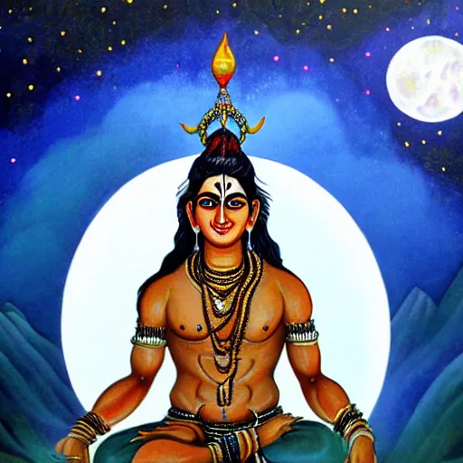 Prompt: an extremely detailed painting of lord shiva, holding his trident, moon in his crown, snowy himalayas in background, fantasy art, beautiful, widescreen, aesthetic