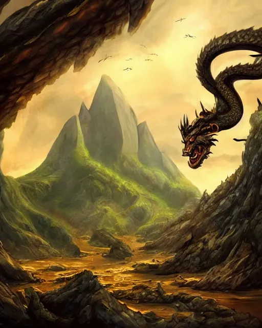 Prompt: ''dragon, rule of thirds, fantasy, mountain landscape, d & d, digital painting, artstation, deviantart, concept art, illustration, art by dragolisco and anne stokes and nico niemi''
