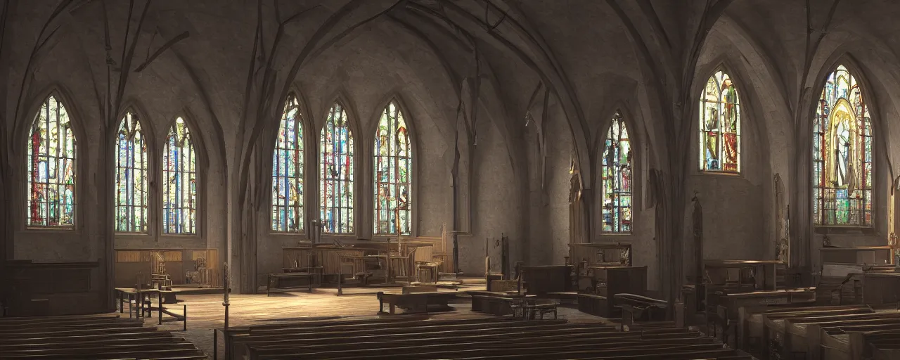 Prompt: a church with stained windows where old me come to pray, atmospheric, mist, epic, photorealistic, realistic, rule of thirds, extremely detailed, 4 k, 8 k, unreal engine 5 render, rim lighting, rtx, ray traced lighting, shot on 3 5 mm, film grain