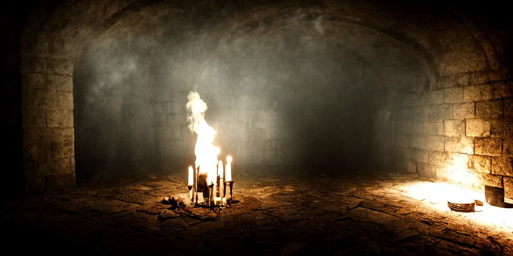 Image similar to sacrifice ritual inside of dark crypt, smoke, horror