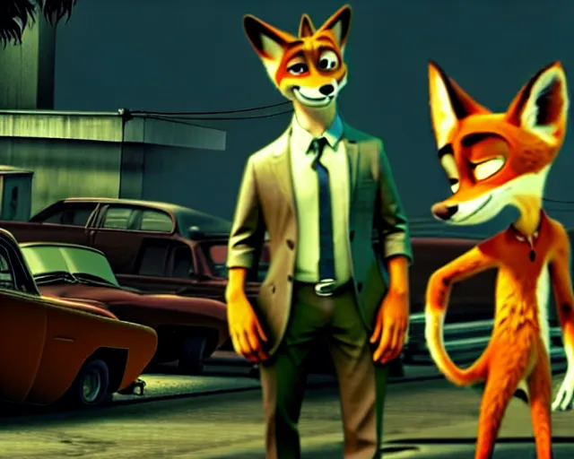 Prompt: nick wilde as max payne 3 set in gritty neo - noir zootopia, battle through the favela / furvela