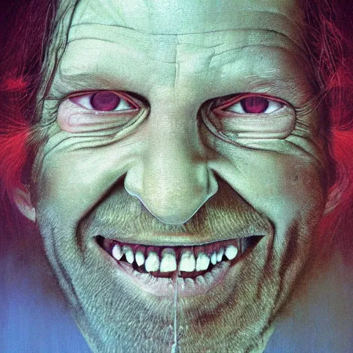 Prompt: album art portrait of aphex twin, richard d james, grinning, painted by zdzislaw beksinski