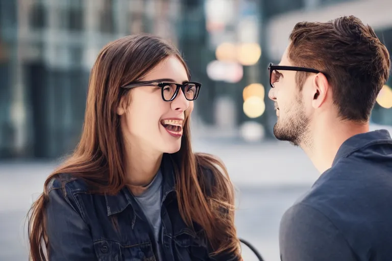 Prompt: attractive guy with glasses, talking to girl without glasses, hd, high detailed