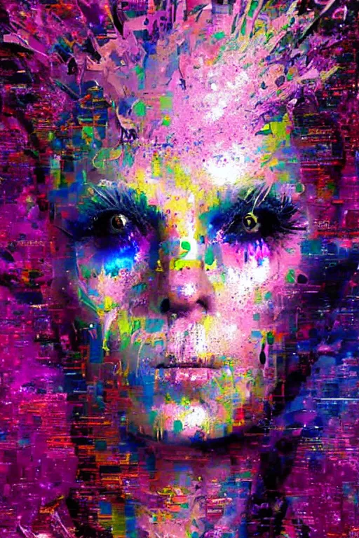Image similar to portrait, headshot, digital painting, an delightfully mad techno - shaman lady, wink, synthwave, glittery reaction diffusion pattern, glitch, fracture, realistic, hyperdetailed, dripping, chiaroscuro, concept art, art by john berkey