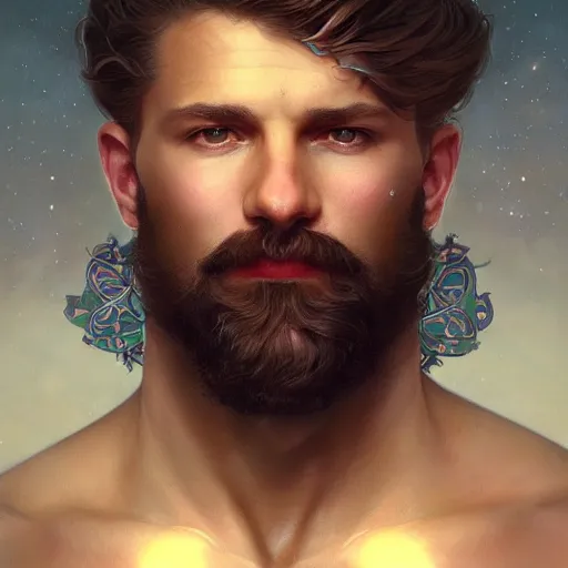 Image similar to portrait of a heavenly god, male, masculine, beard, full body, muscular, fantasy, intricate, elegant, dramatic lighting, highly detailed, digital painting, artstation, concept art, matte, sharp focus, illustration, art by artgerm and greg rutkowski and alphonse mucha