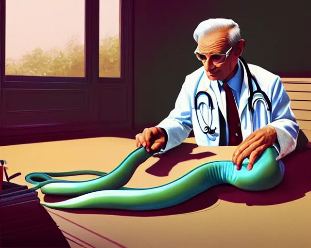 Prompt: extremely greasy doctor slathering snake oil all over a patient's broken foot. It will surely be cured within the hour. Painting by Vince Ray and Syd Mead, 3D rendering by Beeple, directed by Robert Eggers