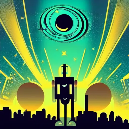 Prompt: “1950s art deco style robot silhouette facing a futuristic city, planets and stars in the background, retro poster.”