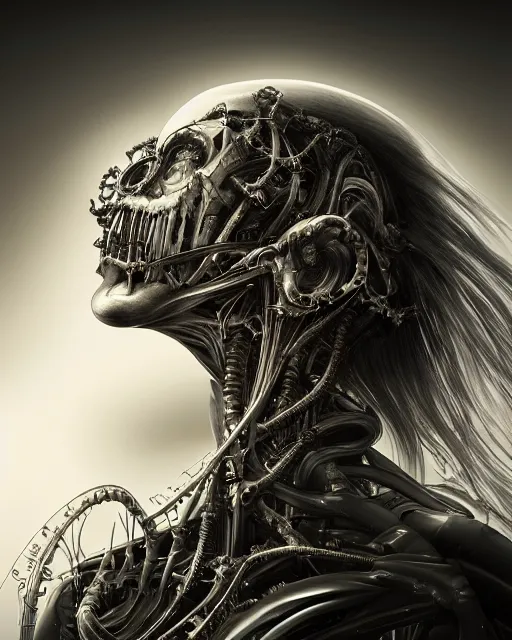 Image similar to cinematic portrait by yoshitaka amano, by hr giger, biomechanical, profile portrait, wide ayes, hyper detailed, hyperrealism, anime, deviantart, artstation, hadron antimatter vacuum reactor, photorealistic, 4 k, god rays, highly detailed, vray rendering, unreal engine