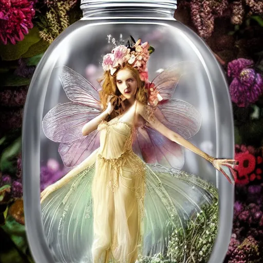 Image similar to a beautiful fairy creature inside a jar, uhd, 8k, stunning, hyper detailed, award winning,