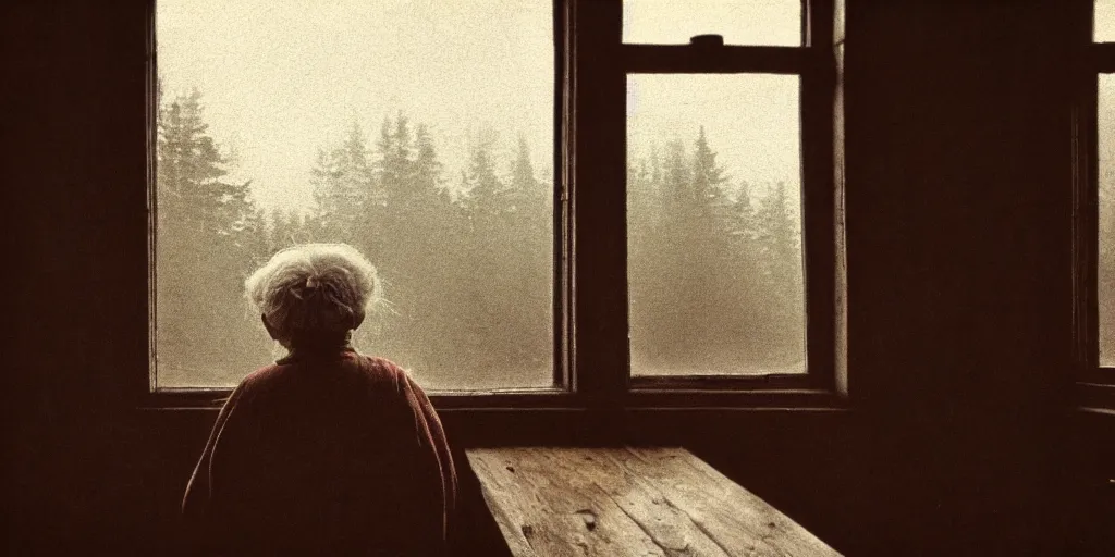Image similar to portrait bust of old woman sitting at table, hands in pockets, looking outside, tired expression, faded color film, russian cinema, tarkovsky, technicolor, inside old cabin, next to window, heavy forest outside, long brown hair, old clothing, heavy fog, brown color palette, sunset, low light, hudson river school, 4 k, dramatic lighting