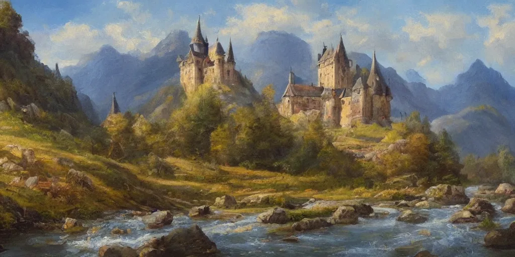 Prompt: A beautiful paiting of a castle in the sunny valley, with wind keeping blowing over a small river