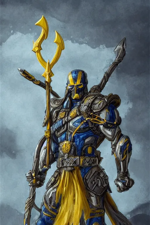 Prompt: a distant shot of one!!!!! single super soldier with blue and yellow flag and a trident symbol standing alone on a huge pile of skulls as a winner, masculine figure, D&D, fantasy, intricate, elegant, highly detailed, extremely detailed, digital painting, artstation, concept art, matte, smooth, sharp focus, illustration, art by Artgerm and Greg Rutkowski and Alphonse Mucha