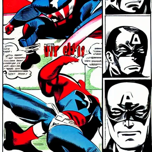 Image similar to comic book pane of Captain America arresting Batman, silver age of comics, Jack kirby illustration