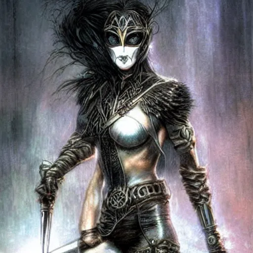 Image similar to female warrior with mask, black hair, glowing sword, cinematic, by luis royo