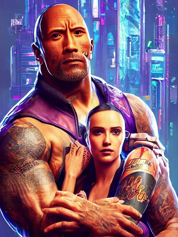 Image similar to a cyberpunk 2077 portrait of Dwayne Johnson holding a female android with tango pose,complex mess of cables and wires behind them connected to giant computer, love moive,film lighting, by laurie greasley,Lawrence Alma-Tadema,William Morris,Dan Mumford, trending on atrstation, full of color,face enhance, highly detailed,8K, octane,golden ratio,cinematic lighting