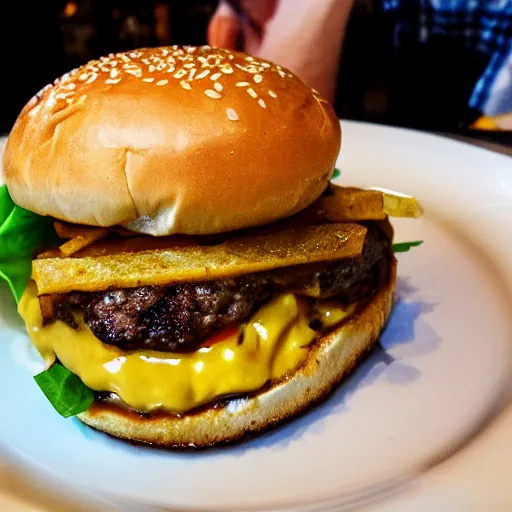 Image similar to a burger where the patty is replaced with macaroni and cheese, food photography, michelin star