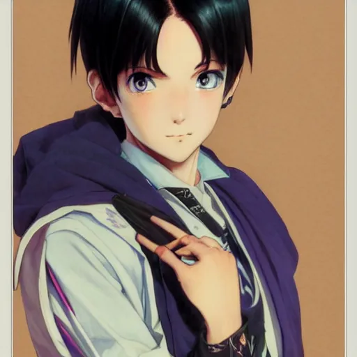 Image similar to small boy with black hair and blue purple eye, school uniform, anime style, hyper detailed, illustration, digital painting, art by artgerm and greg rutkowski and alphonse mucha, high delicate defined details, anime stylized, highly detailed, realistic, sharp focus