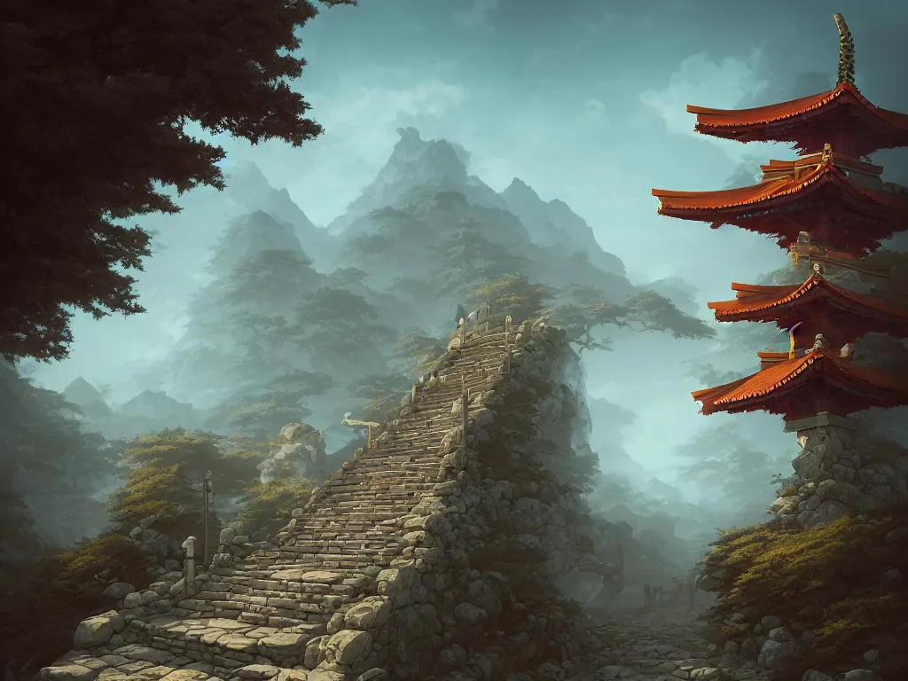 Image similar to a simple shinto gate stands atop stone stairs on a mountain, by peter mohrbacher and dan mumford and nekro, cgsociety, volumetric light, 3 d render