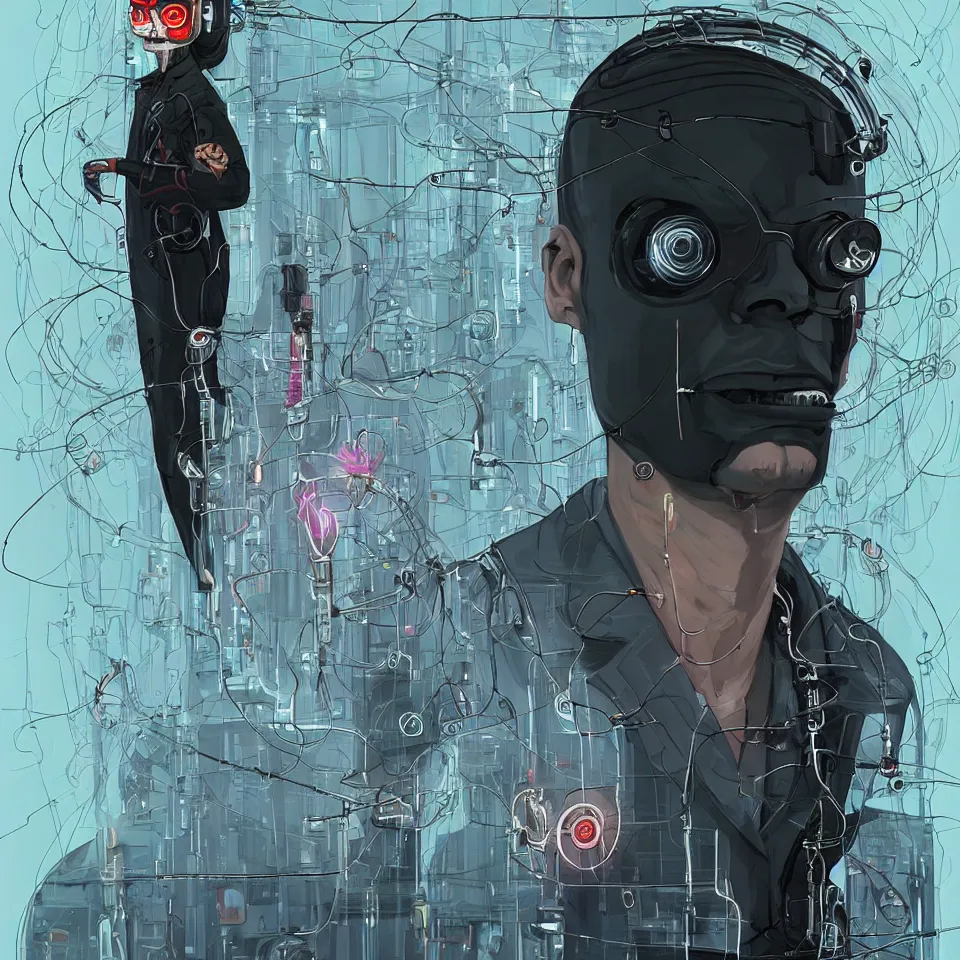 Prompt: A portrait of one! latino mad scientist male with cyborg face looking at the camera with a queasy smile!!, wearing a black suit under a white laboratory coat, in a mixed style of Botticelli and Æon Flux!!, inspired by Simon Stålenhag paintings, and cyberpunk!!!, stunningly detailed, stunning inking lines, flat colors, 4K photorealistic