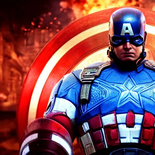 Prompt: Donald Trump as captain america in Gears of War, splash art, movie still, cinematic lighting, dramatic, octane render, long lens, shallow depth of field, bokeh, anamorphic lens flare, 8k, hyper detailed, 35mm film grain