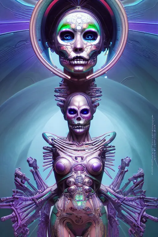 Image similar to ultra detailed Female Android deity, scifi, octane render, (dia de los muertos), asymmetrical, intricate concept art, triadic color scheme, art by artgerm and giger and DZO and greg rutkowski and alphonse mucha and loish and WLOP