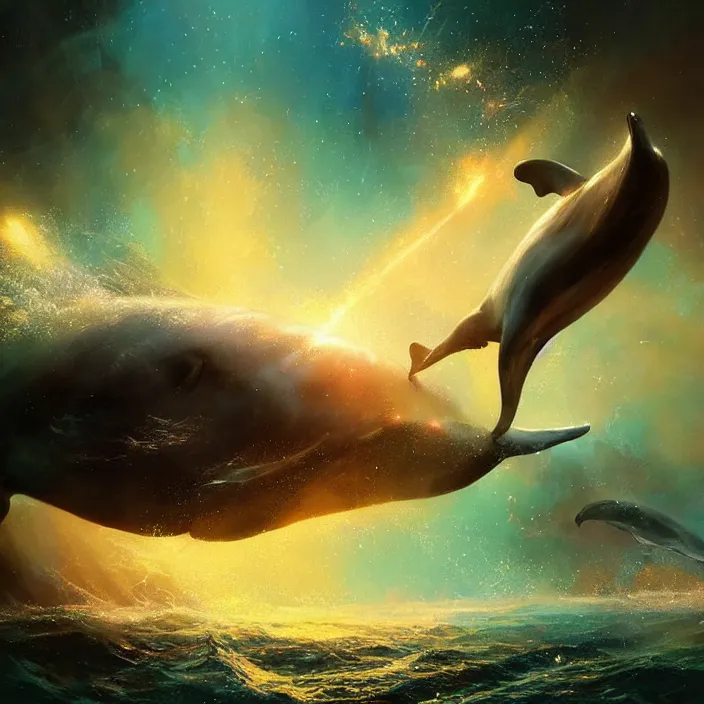 Prompt: glimmering whale splash, dolphins, golden hour, god rays, coral reef, dreamscape by artgerm and ruan jia and ismail inceoglu and greg olsen, cosmos, milky way galaxy, masterpiece, beautiful, intricate, elegant, highly detailed