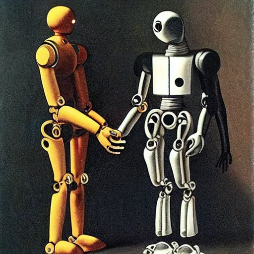 Image similar to robots holding hands by caravaggio