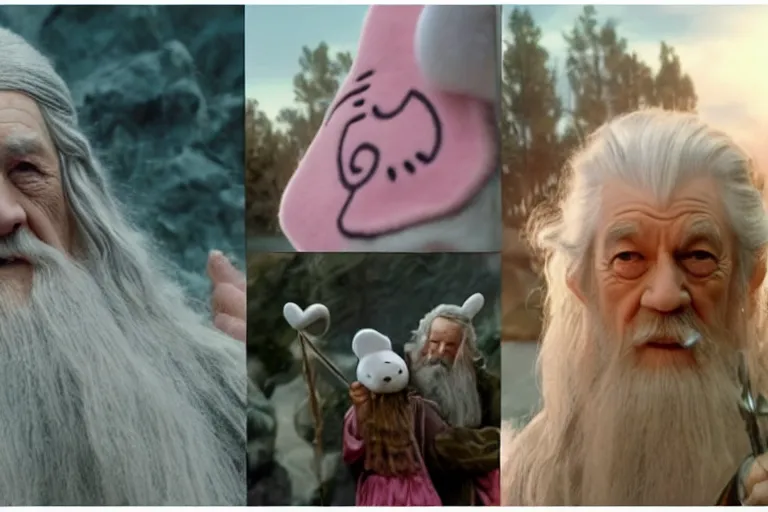 Prompt: Gandalf dressed up like hello kitty, smiling warmly, sunrise, movie still from Lord of the Rings, cinematic