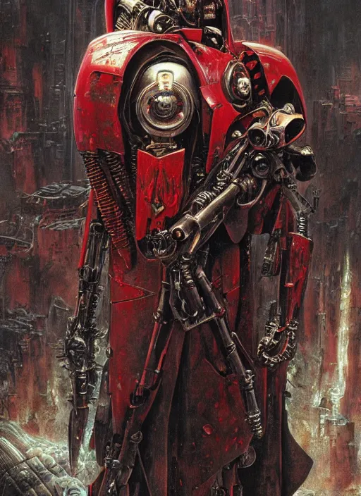 Image similar to portrait of rotten Tom Cruise as adeptus mechanicus in red hood and robe from Warhammer 40000. Highly detailed, artstation, illustration by and John Blanche and zdislav beksinski and wayne barlowe and Gustav Klimt