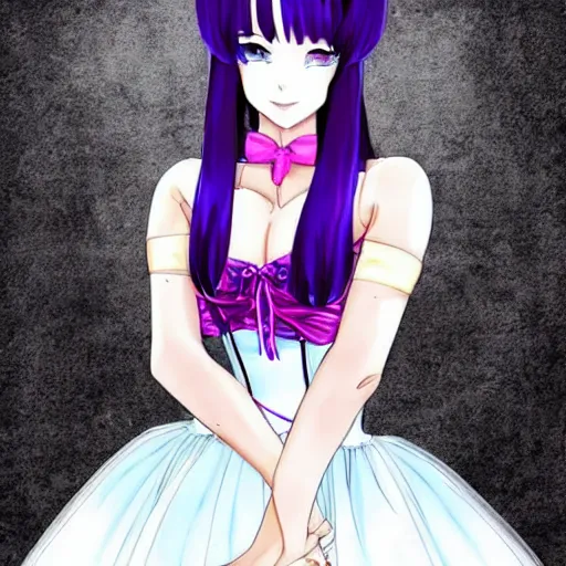 Image similar to a beautiful anime anime anime anime anime anime woman with long black hair, wearing a black corset top and a purple tutu, art by Steve Argyle