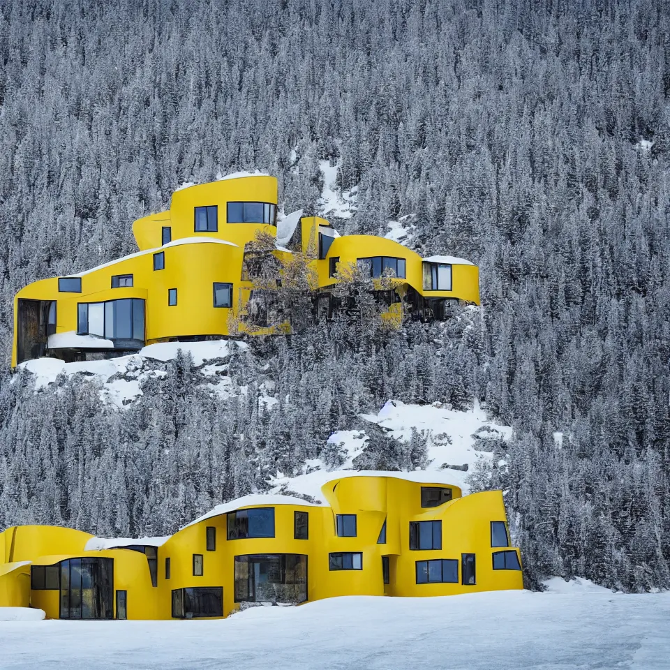 Image similar to a road leading to a mid-century modern house with large windows on top of a cliff in the arctic, covered with snow, designed by Frank Gehry. Big tiles. Film grain, cinematic, yellow hue