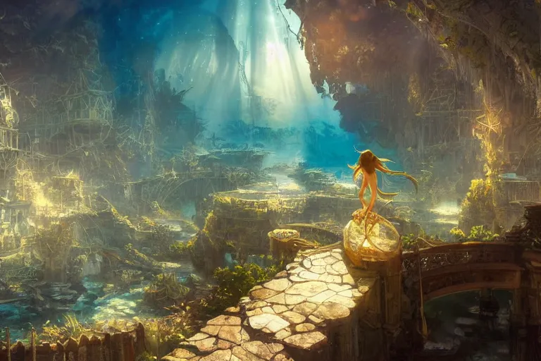 Image similar to a scenic landscaping view of the lost and abandoned city of Atlantic under water, ray of sunlight, mermaids in distance, Greg Rutkowski, Moebius, Mohrbacher, Mucha, blue and gold color scheme, ultra wide angle, ultra detailed, light effect