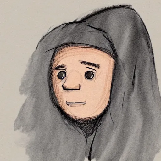 Image similar to a person with a cloud covering their head, sketches of faces look in random places quickly as if they were distracted near the person