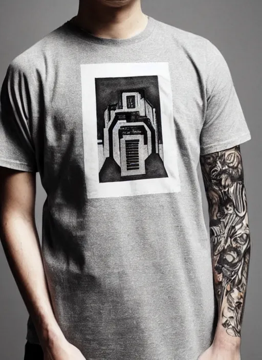 Image similar to a streetwear brutalism tshirt design on pinterest, fiverr, very detailed, intricate details, complimentary colors, aesthetic, dope