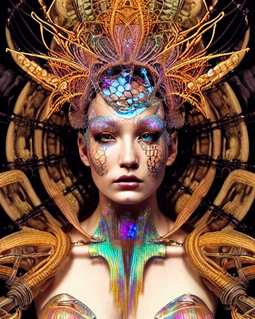 Image similar to hyperrealistic detailed portrait of a beautiful goddess in an iridescent ornamental ritual headdress, intricate cyberpunk make - up, golden face tattoos, insane details, art by ernst haeckel, nekro borja, android jones, john william godward, gothic - cyberpunk, beautiful deep colours,